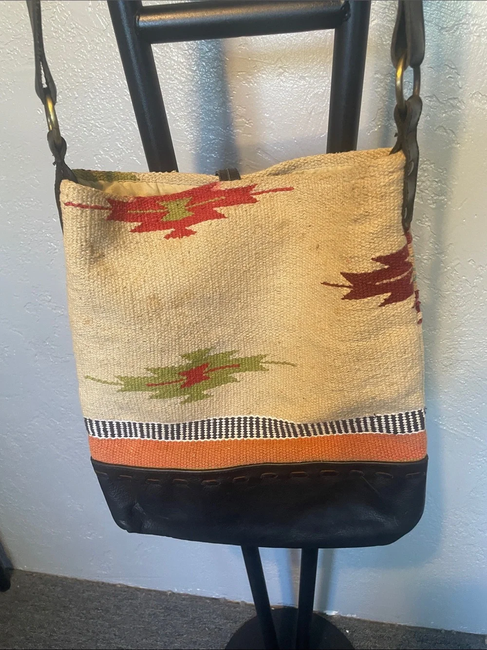 Boho Woven Crossbody Bag with Southwestern Pattern - Beige and Black